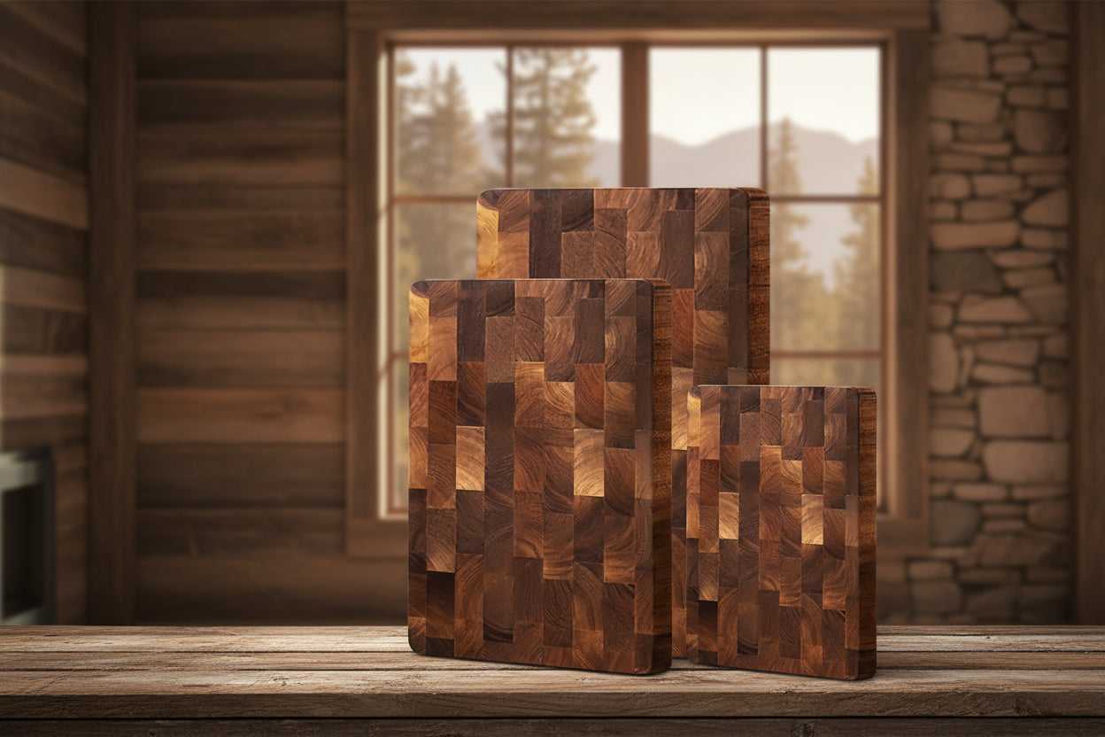 Two wooden cutting boards with Wxicoo branding and food preparation images - Offered by The Adirondack Tool Co.