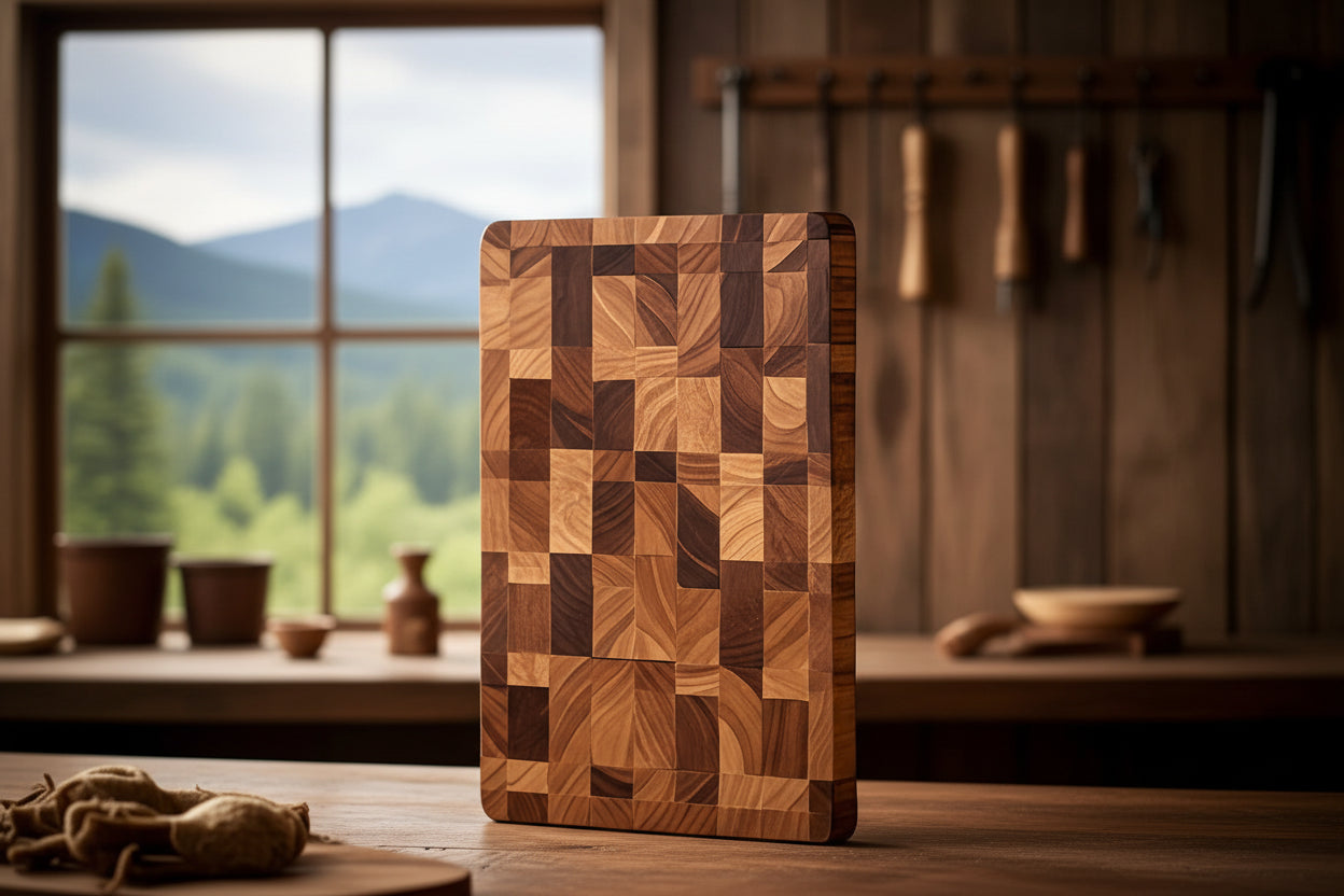 Wooden cutting board with geometric pattern on a kitchen counter - Offered by The Adirondack Tool Co.