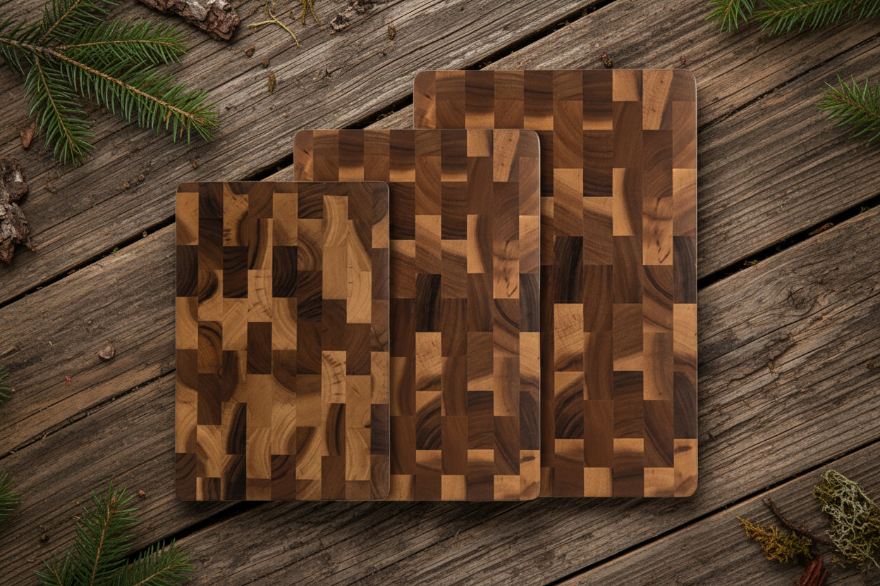 Three wooden cutting boards with a geometric pattern and size specifications on a white background - Offered by The Adirondack Tool Co.