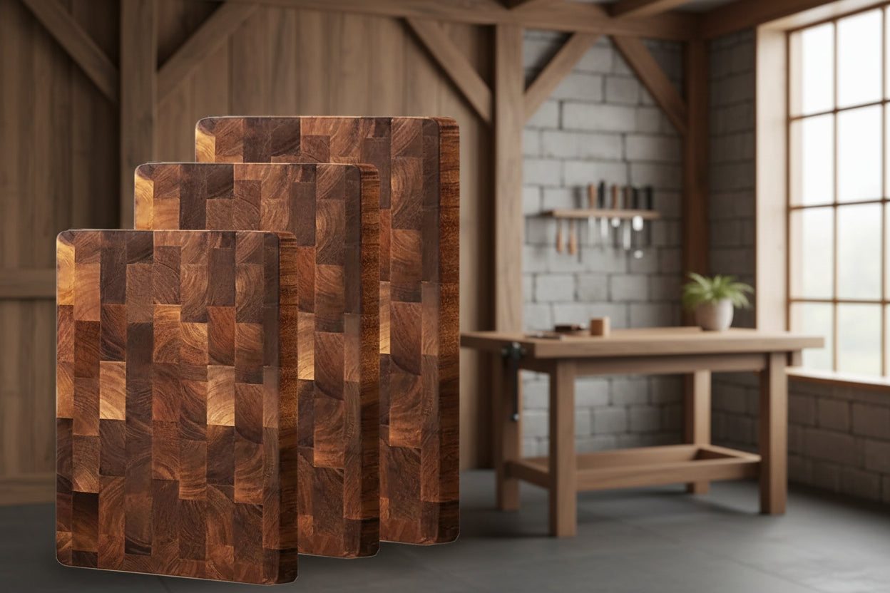 Three wooden cutting boards with a geometric pattern on a light background - Offered by The Adirondack Tool Co.