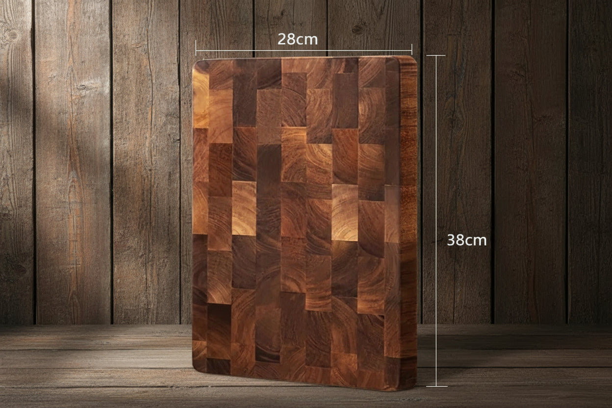 Wooden cutting board with geometric pattern and dimensions - Offered by The Adirondack Tool Co.