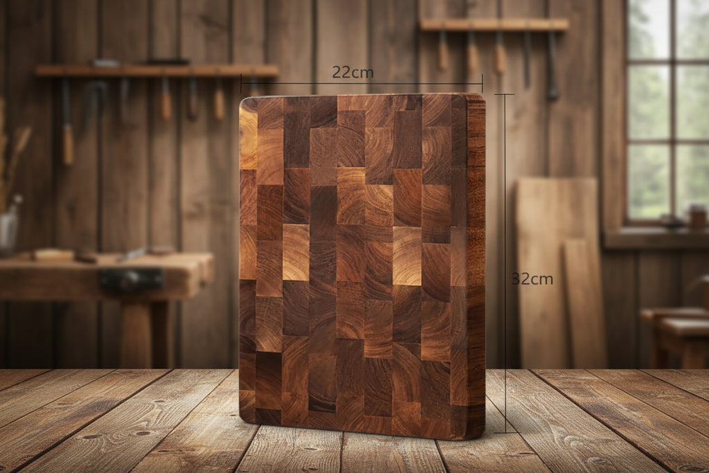 Wooden cutting board with dimensions labeled - Offered by The Adirondack Tool Co.