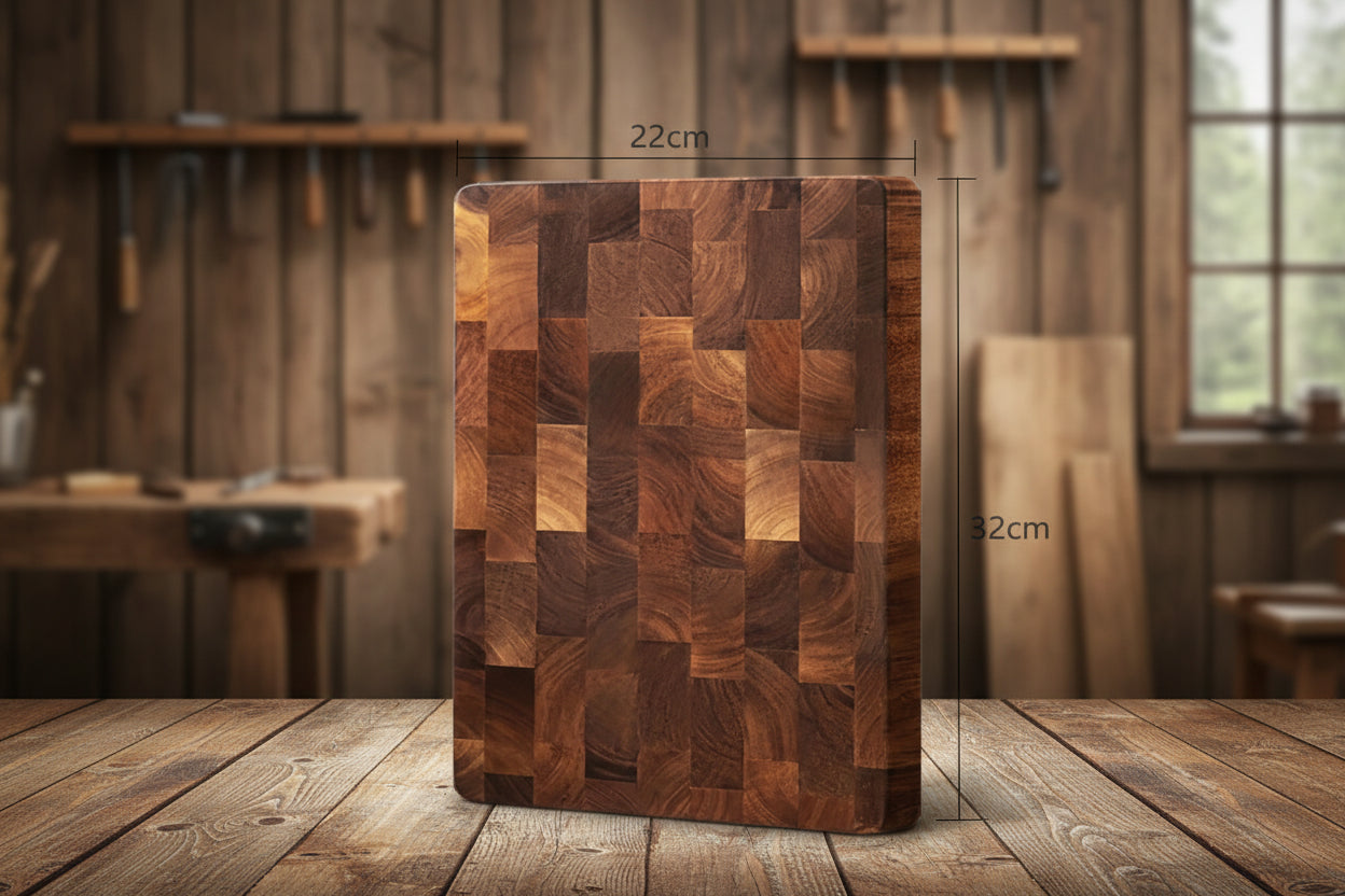 Wooden cutting board with dimensions labeled - Offered by The Adirondack Tool Co.