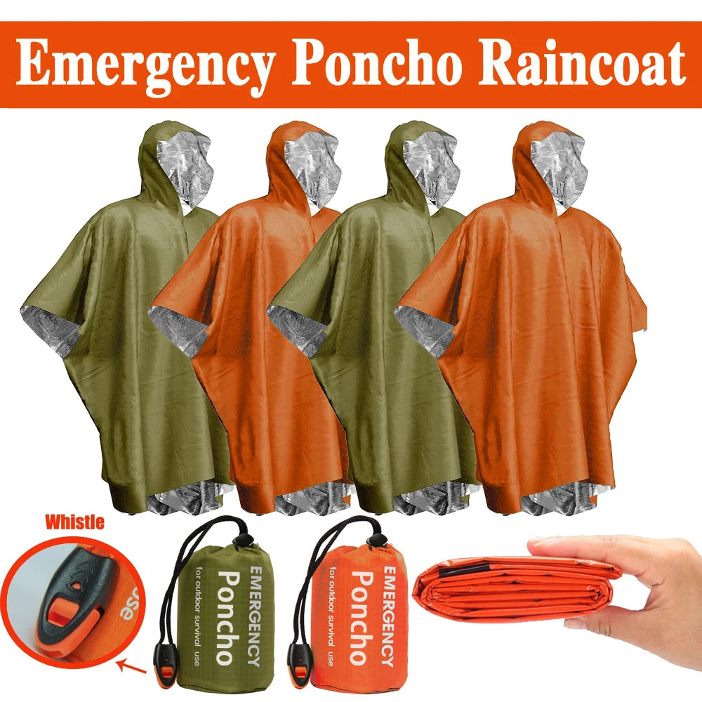 Four emergency ponchos displayed as both packed and unpacked, with a whistle feature, shown in green and orange - offered by the best camping and hiking gear store in Vermont, The Adirondack Tool Co. 