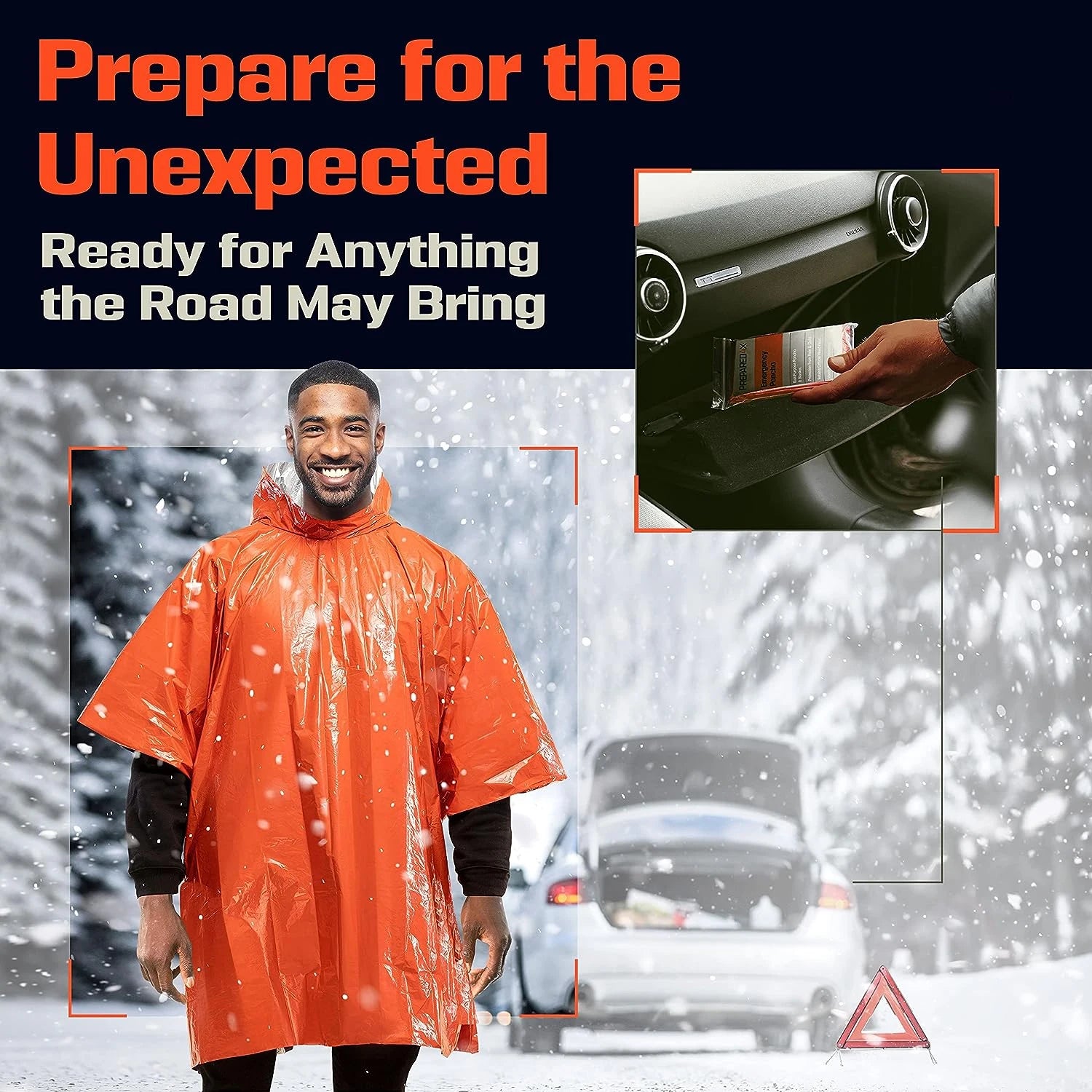 Person wearing an orange emergency poncho offered by The Adirondack Tool Co. with text 'Prepare for the Unexpected'