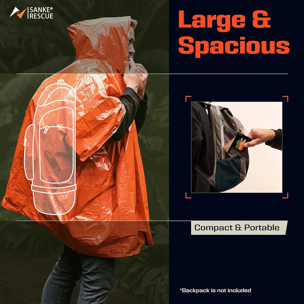 Person wearing an orange emergency poncho with a backpack - offered by the best camping and hiking gear store in Vermont, The Adirondack Tool Co.