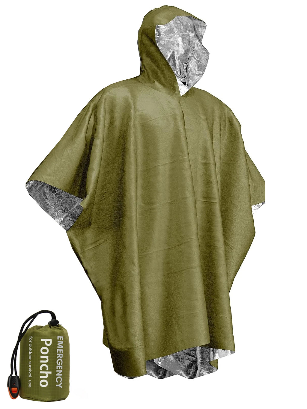 Green emergency poncho with reflective lining on a white background - offered by the best camping and hiking gear store in Vermont, The Adirondack Tool Co. 