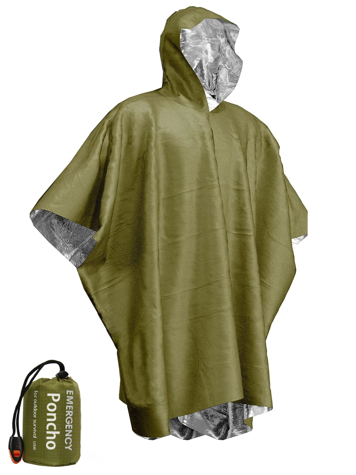 Green emergency poncho with reflective lining on a white background - offered by the best camping and hiking gear store in Vermont, The Adirondack Tool Co. 
