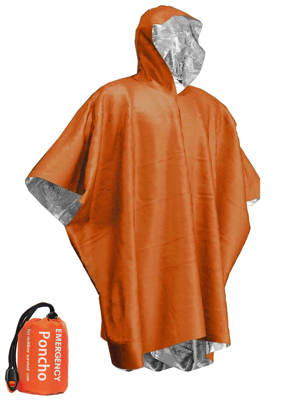 Orange emergency poncho with reflective lining on a white background - offered by the best camping and hiking gear store in Vermont, The Adirondack Tool Co. 
