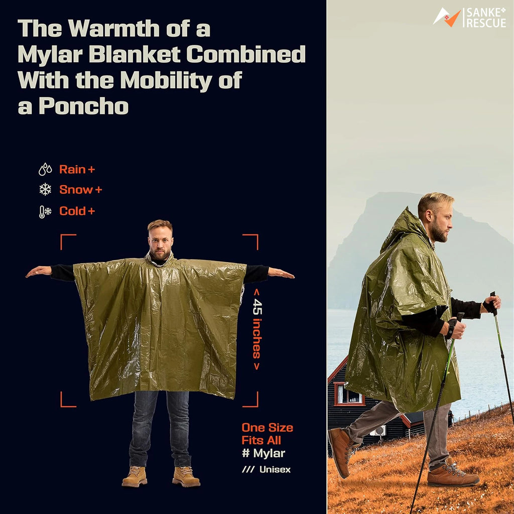 Green mylar poncho with text on a black background, and a person wearing it outdoors  - offered by the best camping and hiking gear store in Vermont, The Adirondack Tool Co. 