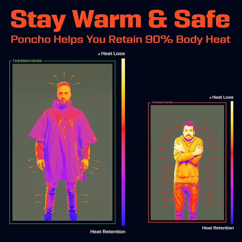 Advertisement for a poncho with thermal imaging showing heat retention benefits - offered by the best camping and hiking gear store in Vermont, The Adirondack Tool Co. 