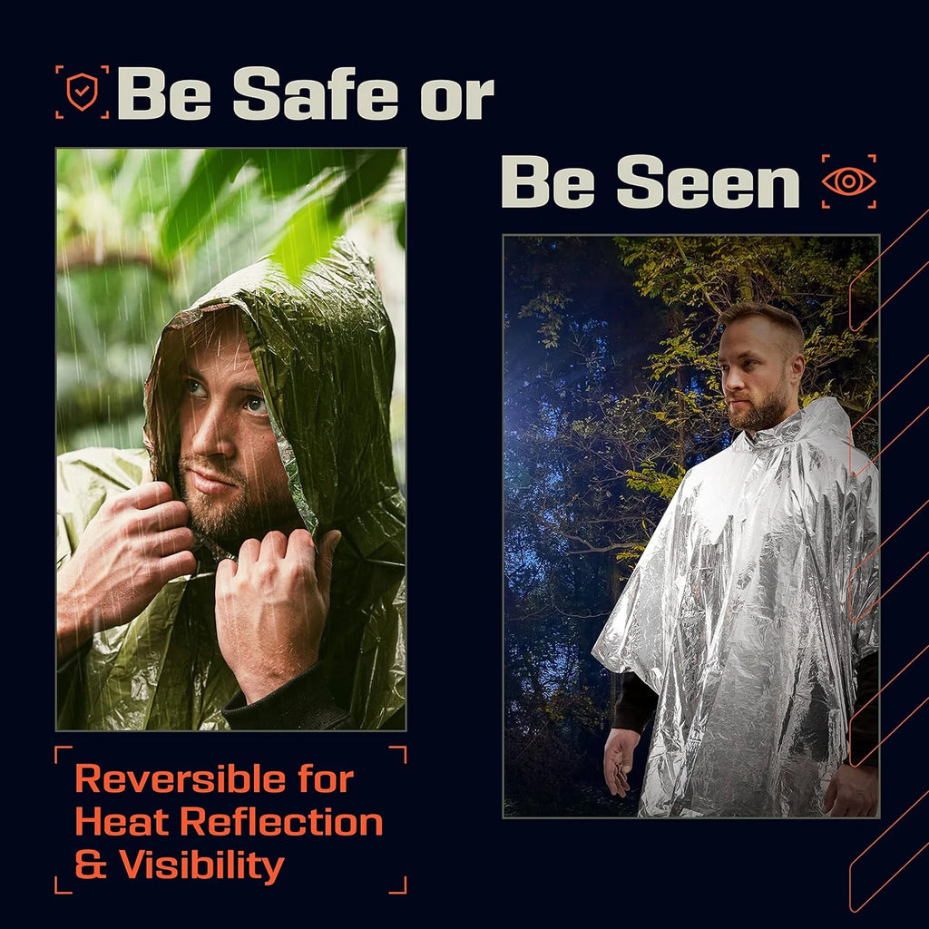 Two images of a person wearing different types of ponchos with text about safety and visibility - offered by the best camping and hiking gear store in Vermont, The Adirondack Tool Co. 