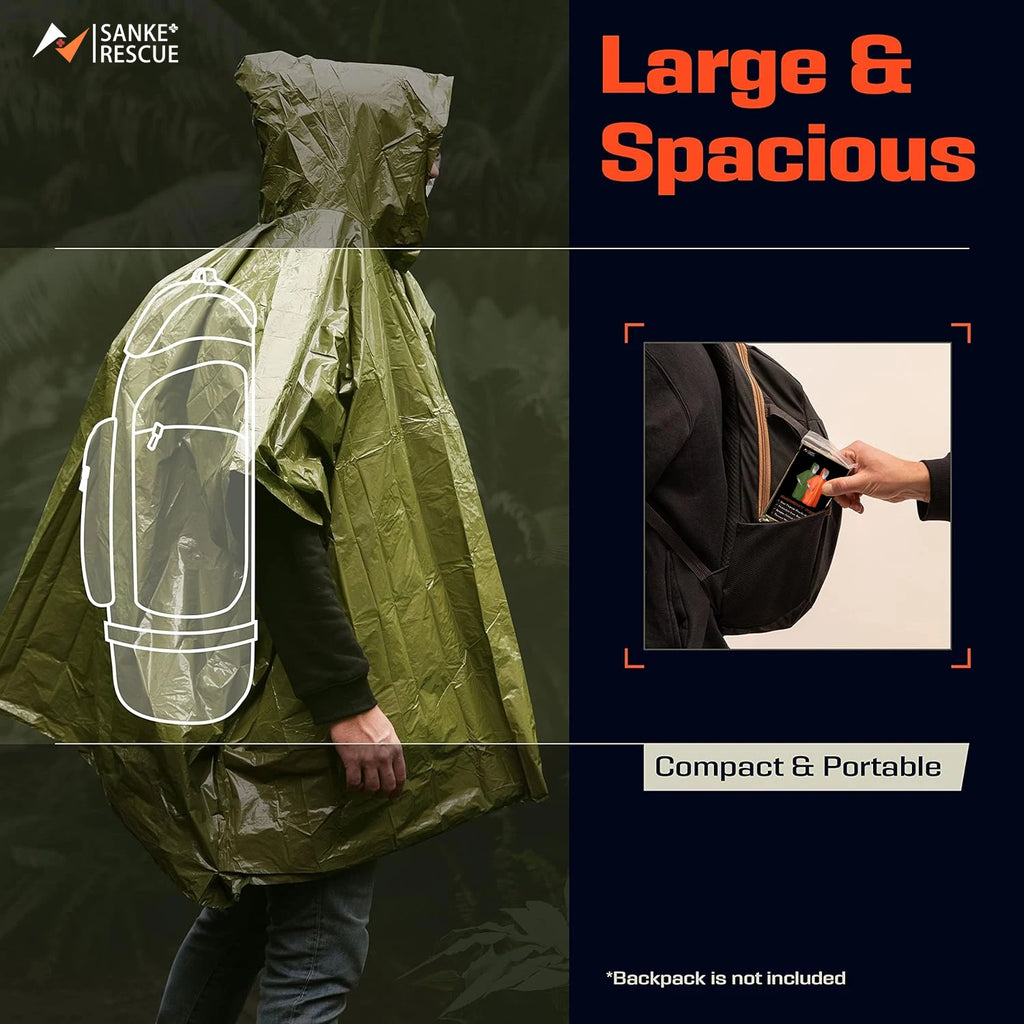 Person wearing a green emergency poncho with a backpack with a description saying "compact & portable" - offered by the best camping and hiking gear store in Vermont, The Adirondack Tool Co. 