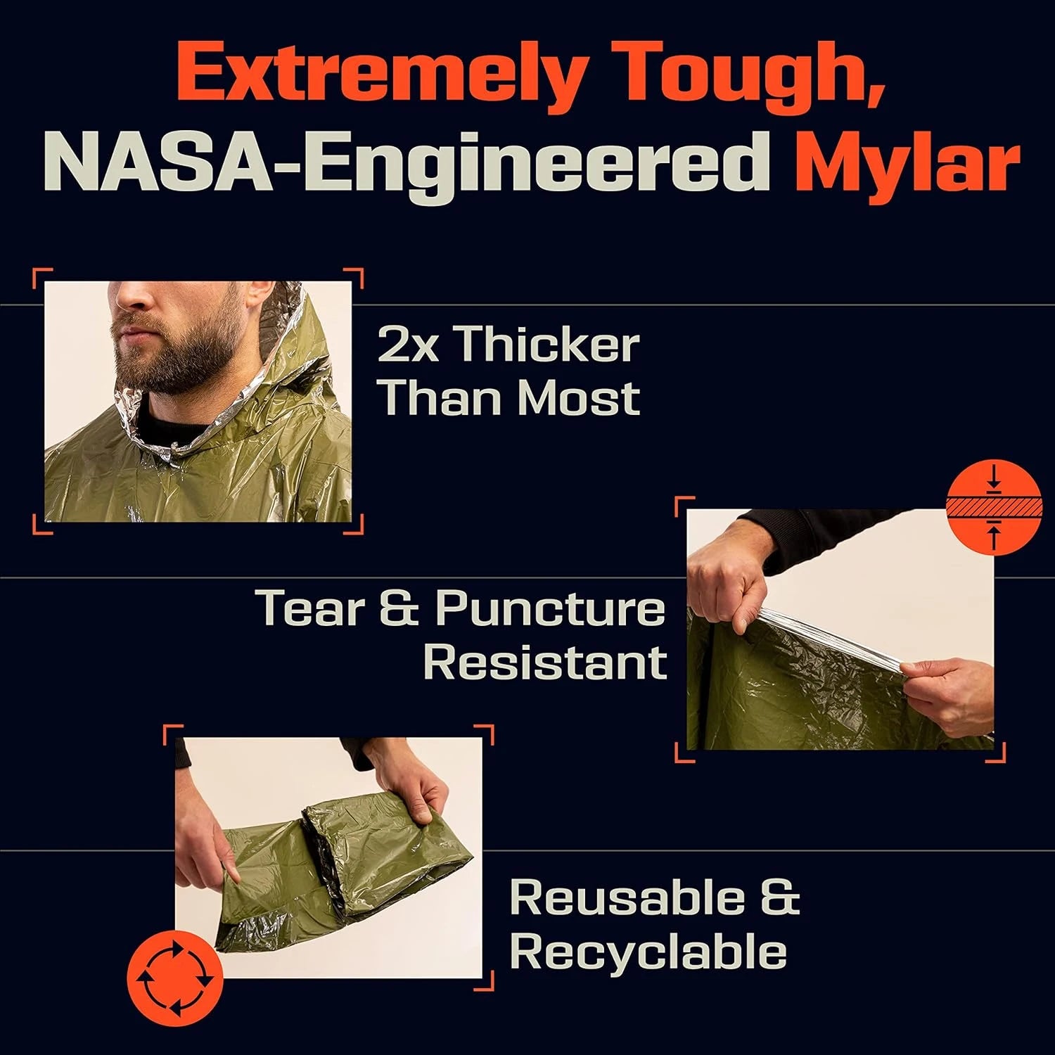 Green emergency poncho with NASA-engineered Mylar with text and images of a person wearing and using the poncho - offered by the best camping and hiking gear store in Vermont, The Adirondack Tool Co. 