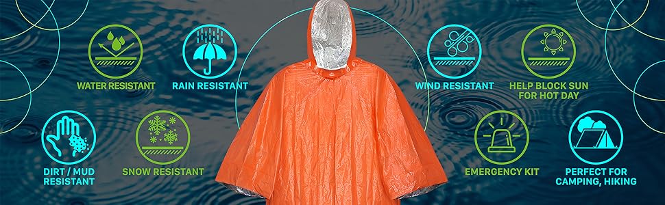Orange poncho with features highlighted on a blue background - offered by the best camping and hiking gear store in Vermont, The Adirondack Tool Co. 