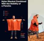 Orange poncho with text describing its features and uses, shown on a person and in use outdoors - offered by the best camping and hiking gear store in Vermont, The Adirondack Tool Co. 