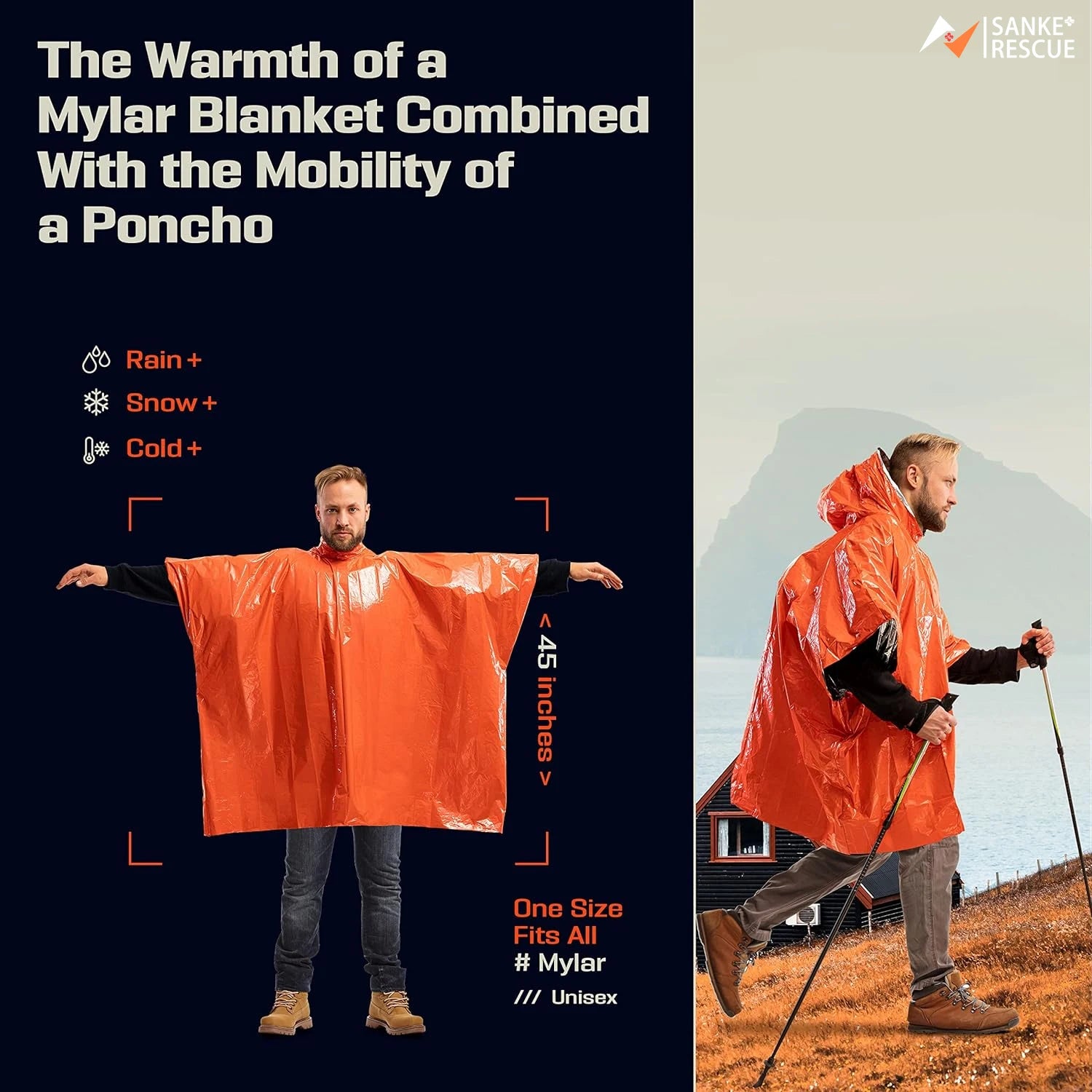 Orange poncho with text describing its features and uses, shown on a person and in use outdoors - offered by the best camping and hiking gear store in Vermont, The Adirondack Tool Co. 