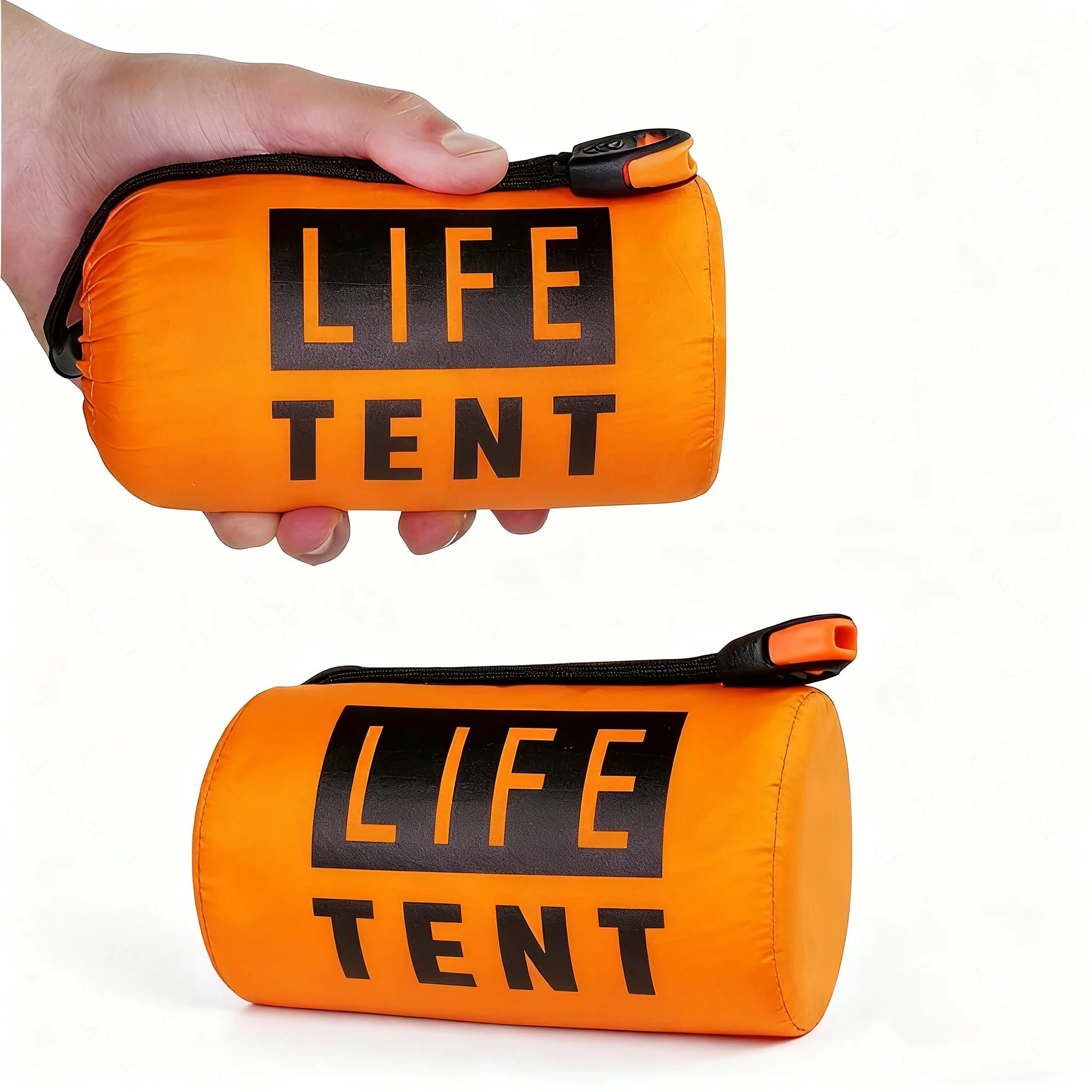 Orange emergency tent package held by a hand on a white background