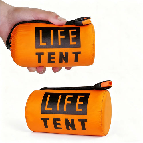 Orange emergency tent package held by a hand on a white background