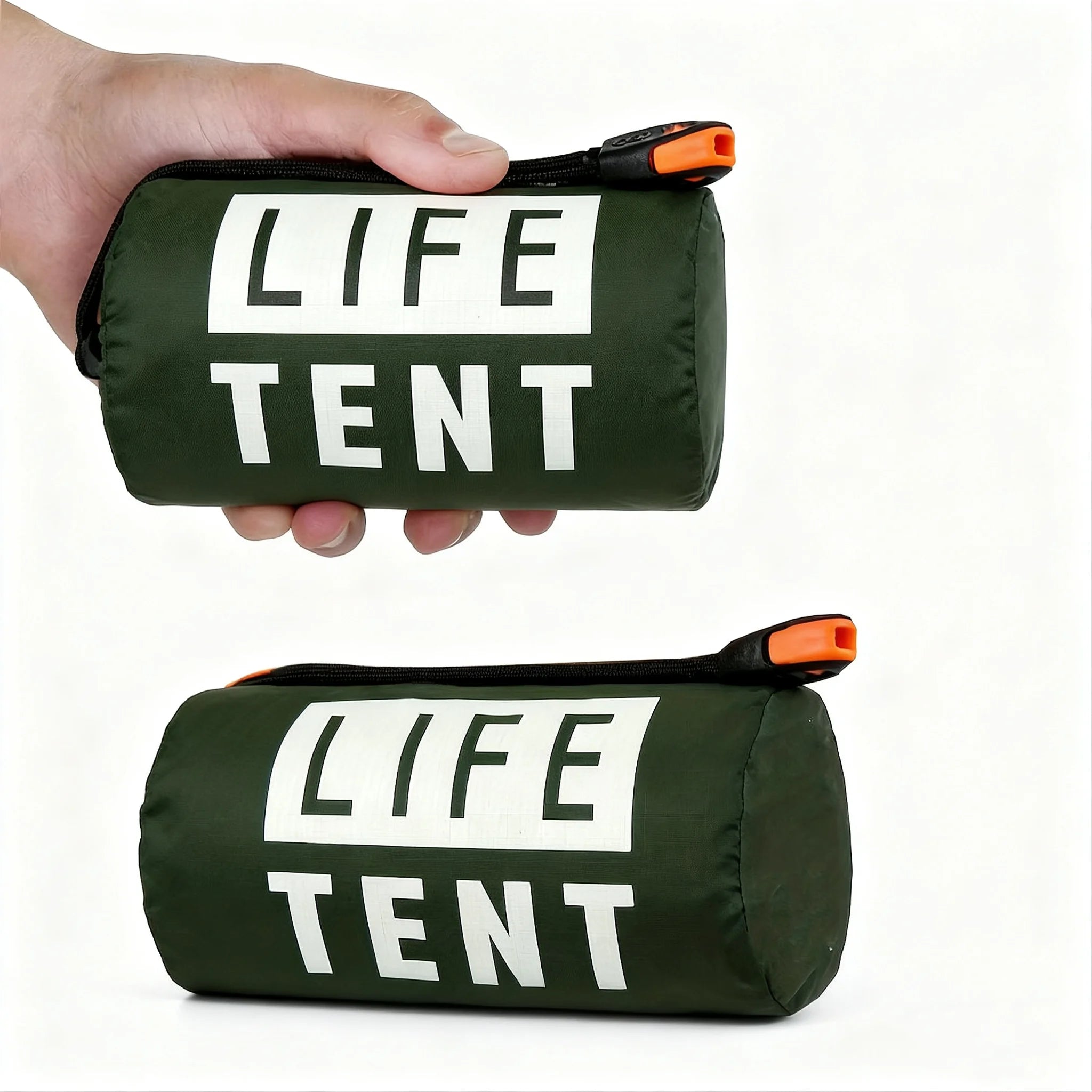 Olive green emergency tent package held by a hand on a white background