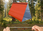 Fully deployed emergency tent with size description on a white background
