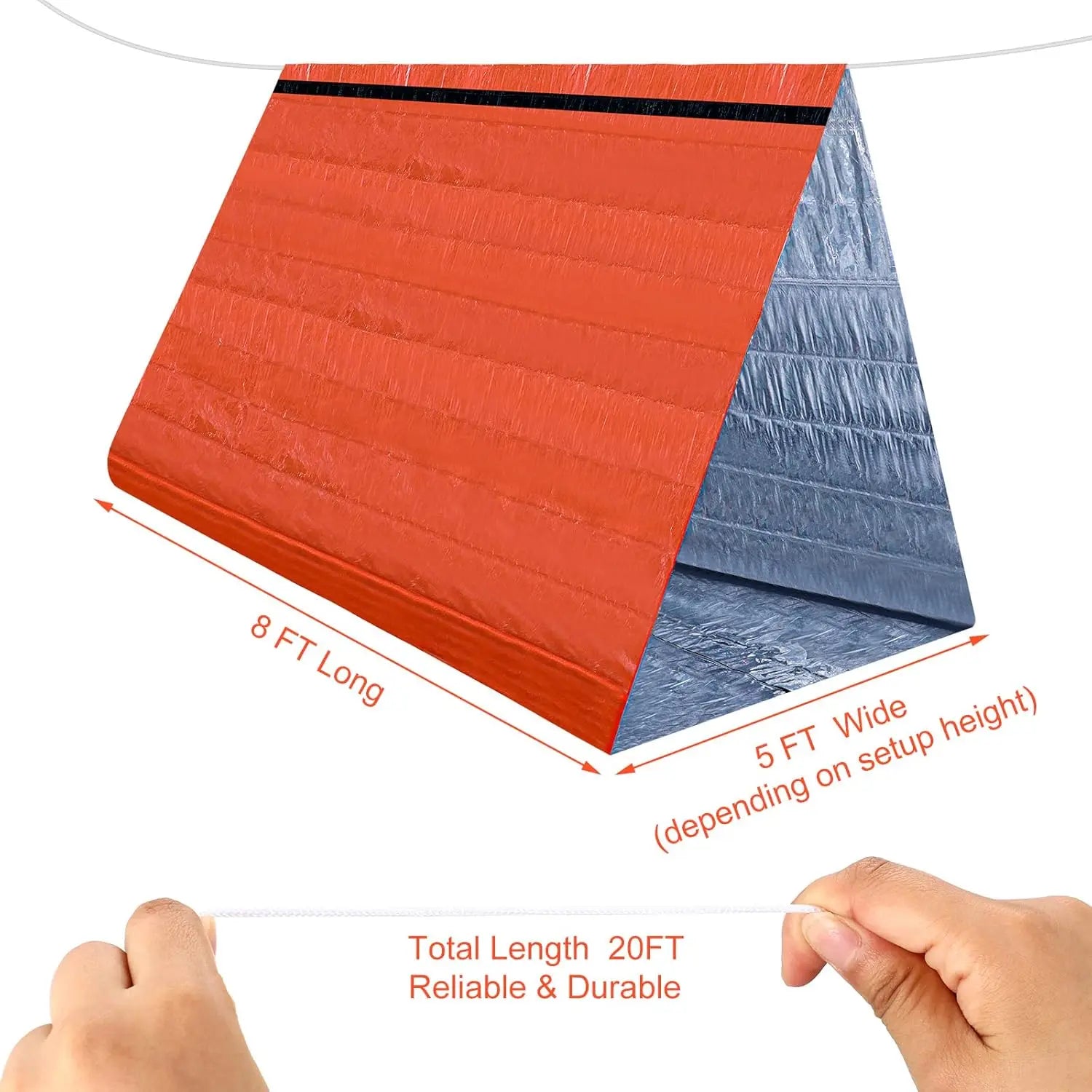 Fully deployed emergency tent with size description on a white background