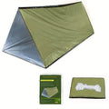 Olive green emergency tent with packaging on a white background