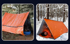 The Adirondack Tool Co.'s fully deployed orange emergency tent shown in various weather conditions