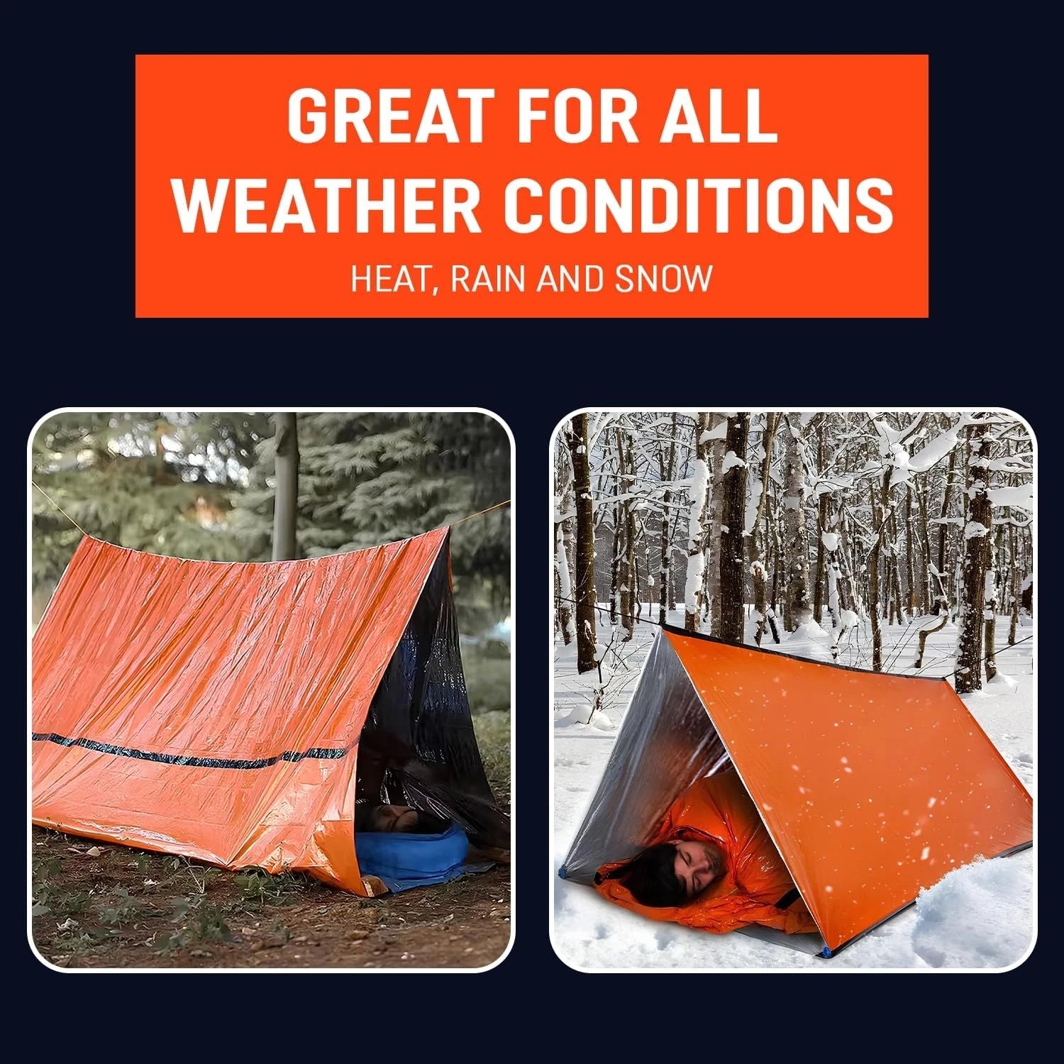 The Adirondack Tool Co.'s fully deployed orange emergency tent shown in various weather conditions