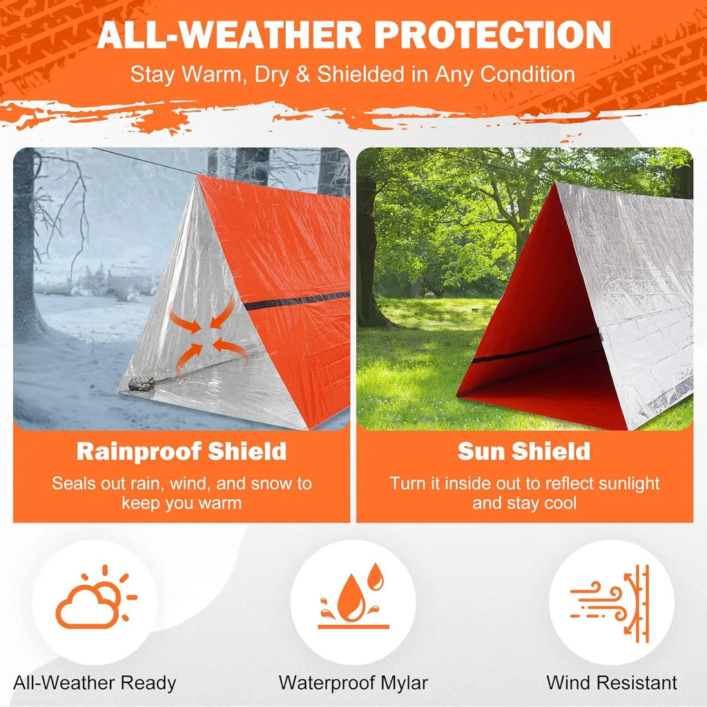 Orange emergency tent from the Adirondack Tool Co. with descriptive text about how it is rainproof and shields wind and sun