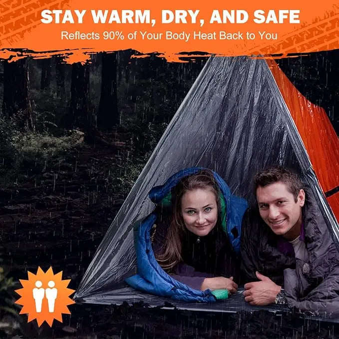 Two people inside The Adirondack Tool Co.'s emergency tent in the rain with text about staying warm, dry, and safe.