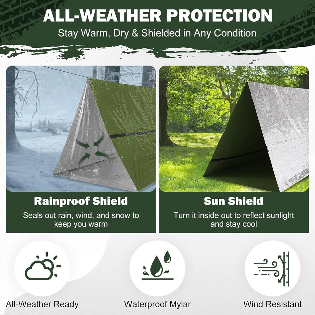 Olive green emergency tent from the Adirondack Tool Co. with descriptive text about how it is rainproof and shields wind and sun
