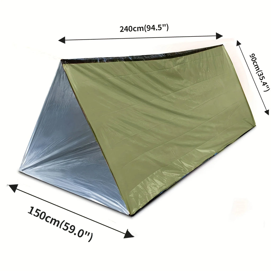 Olive green emergency tent by The Adirondack Tool Co. that is fully deployed and has text showing size dimensions