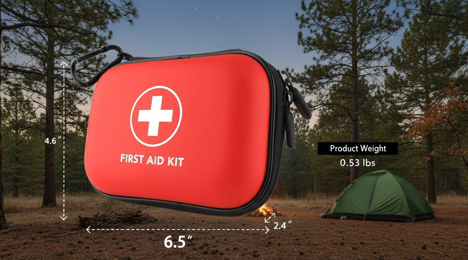 Red first aid kit with dimensions and weight displayed, set against a forest background - offered by the best hiking store in New York, The Adirondack Tool Co.