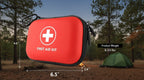 Red first aid kit with dimensions and weight displayed, set against a forest background - offered by the best hiking store in New York, The Adirondack Tool Co.