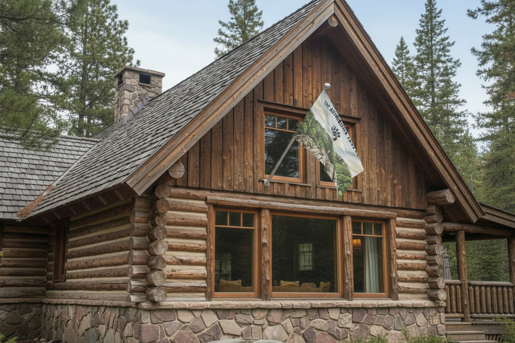 Flag with a scenic design of mountains and trees hanging from a cabin