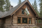 Flag with a scenic design of mountains and trees hanging from a cabin