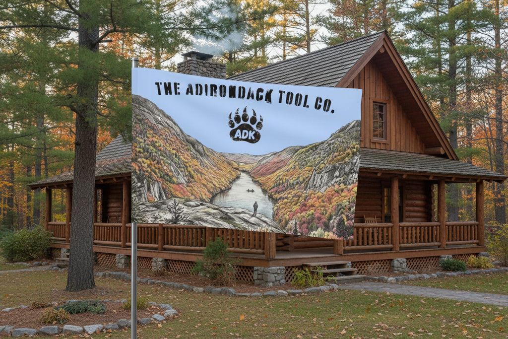 Flag with a scenic design and 'The Adirondack Tool Co.' branding