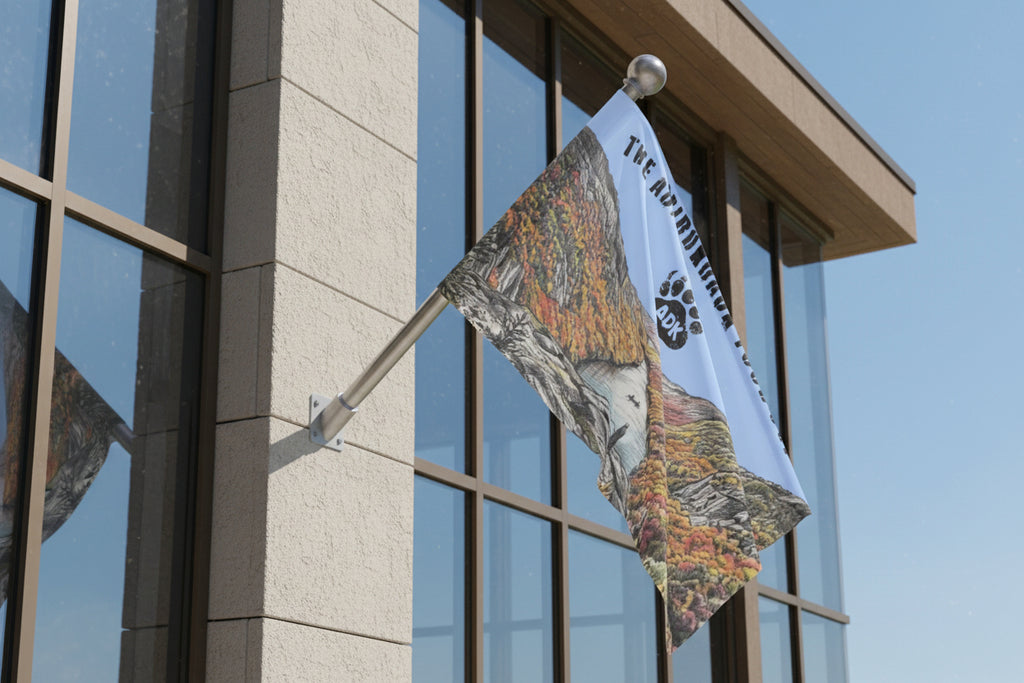Flag with mountain and forest design on building