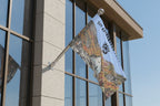 Flag with mountain and forest design on building