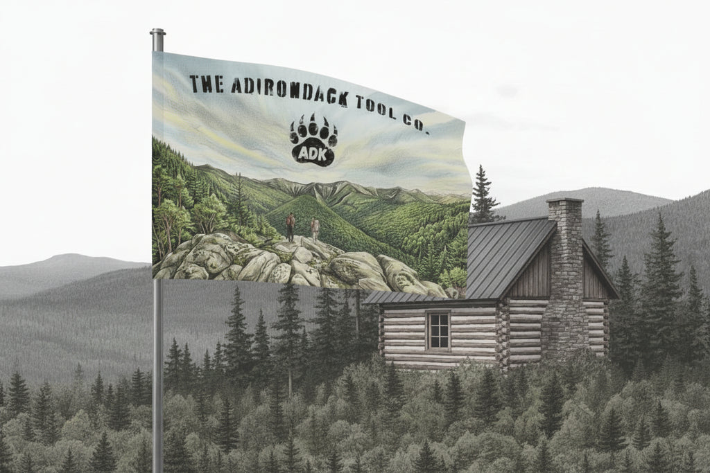 Flag with a scenic design of a cabin and mountains, featuring the Adirondack Tool Co. logo.