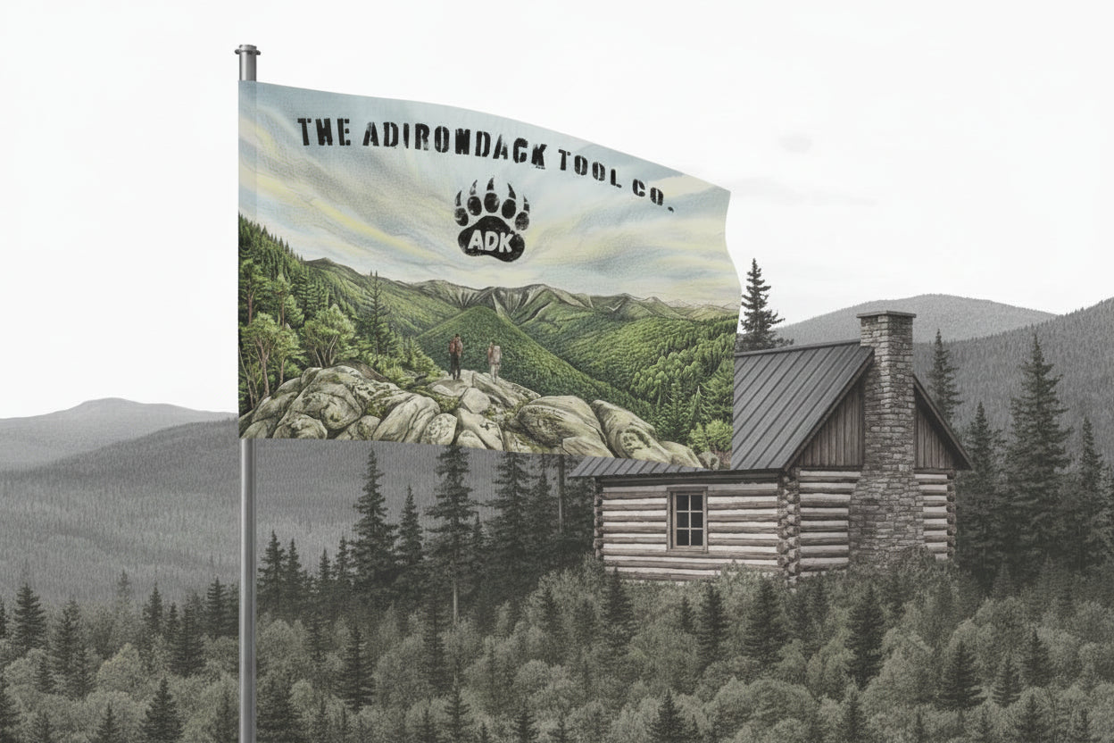Flag with a scenic design of a cabin and mountains, featuring the Adirondack Tool Co. logo.