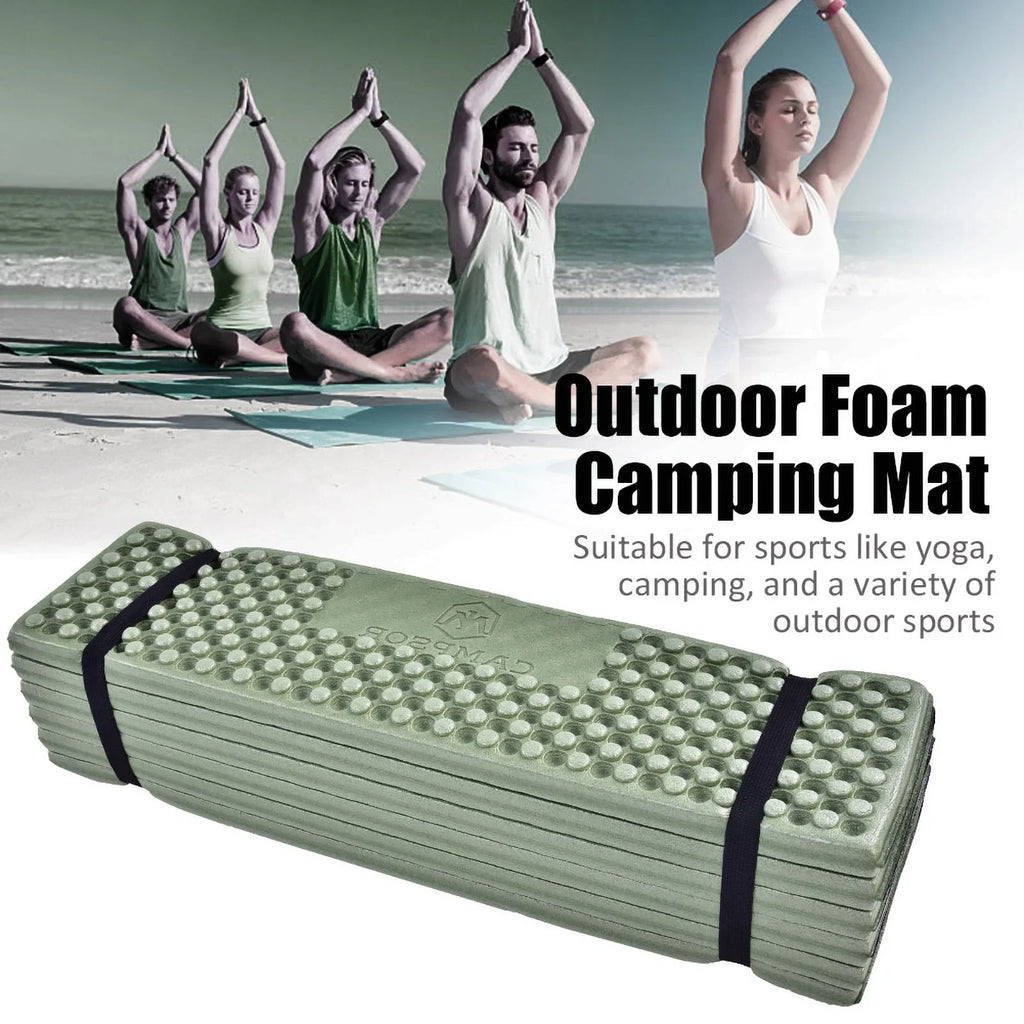 Foam camping mat with people practicing yoga on a beach from The Adirondack Tool Co.