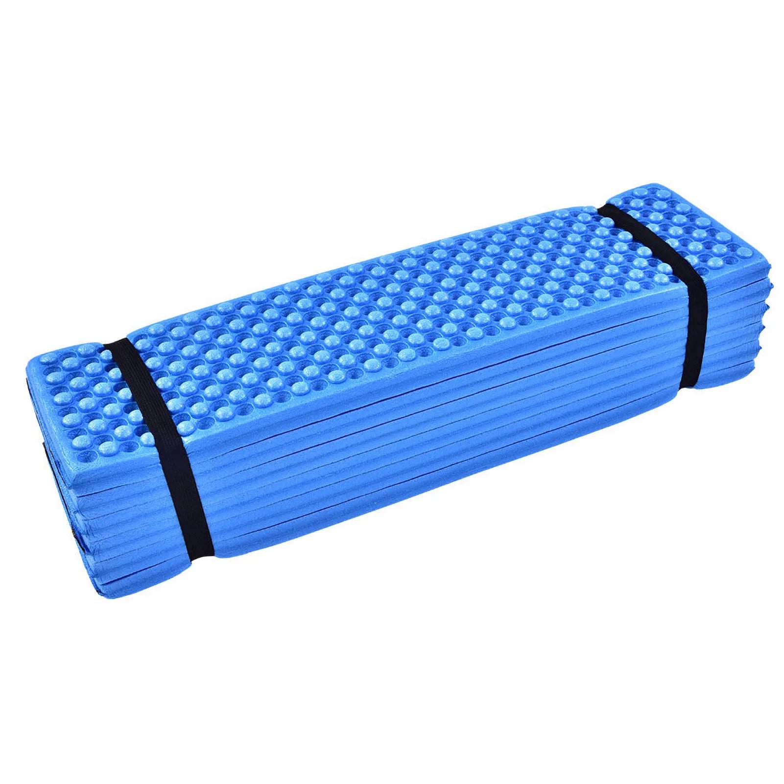 Blue foam sleeping / sitting mat from The Adirondack Tool Co. folded and packed.