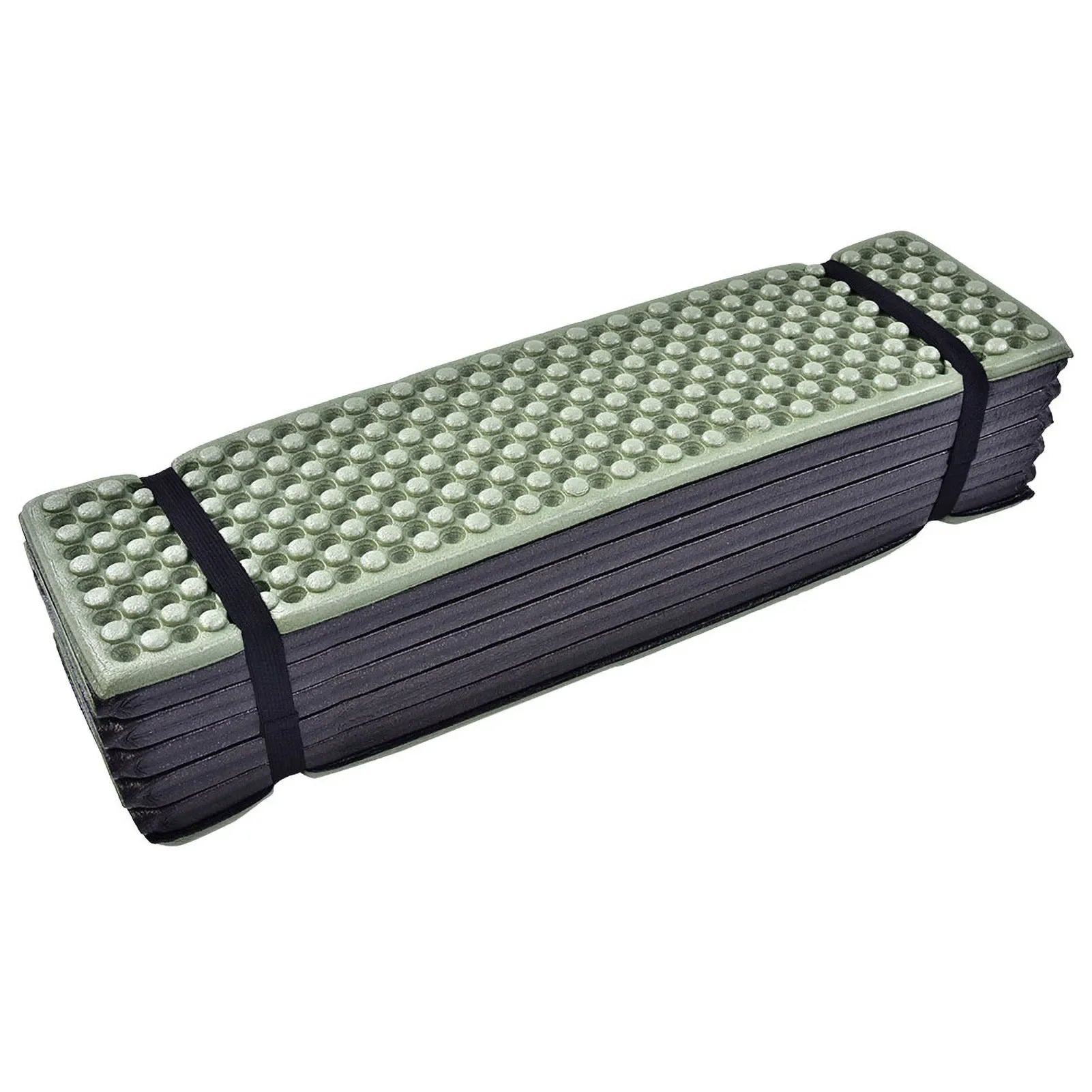 Foldable green foam sleeping/sitting mat on a white background