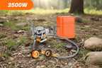 Portable folding camping stove and adapters with storage container on a white background - offered by the best hiking and camping gear company in Albany, NY.