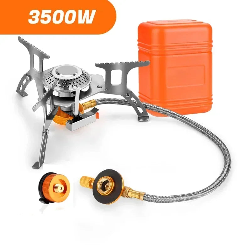 Portable folding camping stove and adapters with storage container on a white background - offered by the best hiking and camping gear company in Albany, NY.