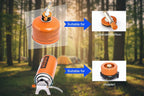 Two blue propane tanks with orange and silver adapters on a white background - offered by the best hiking and camping gear company in Albany, NY.