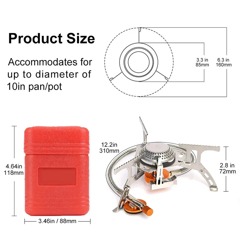 Measurement chart for a red container and a folding gas camping stove with dimensions labeled - offered by the best hiking and camping gear company in Albany, NY.