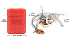 Measurement chart for a red container and a folding gas camping stove with dimensions labeled - offered by the best hiking and camping gear company in Albany, NY.